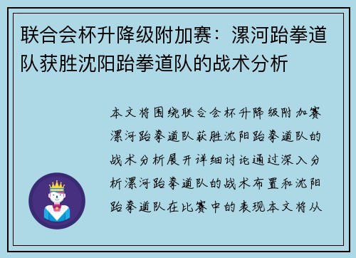 联合会杯升降级附加赛：漯河跆拳道队获胜沈阳跆拳道队的战术分析